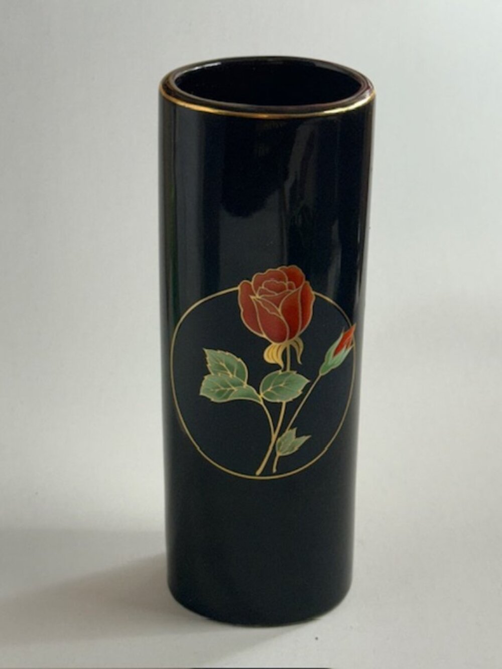 Vintage Crimson Rose Otagiri Vase Japan Antique 6.5" Gold Black Flowers Decor